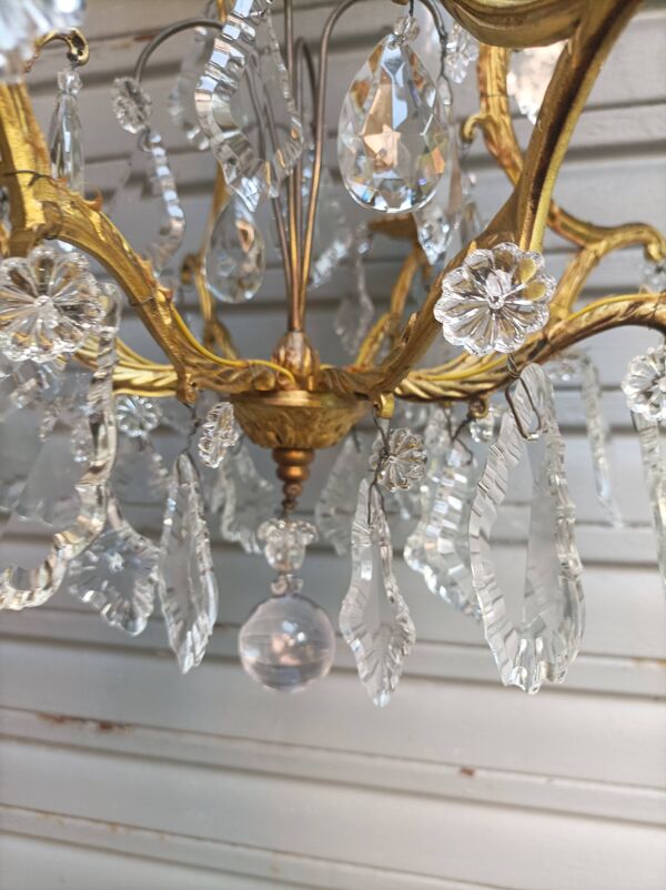 Rare ancien lustre cage en bronze doré et cristal 4 feux