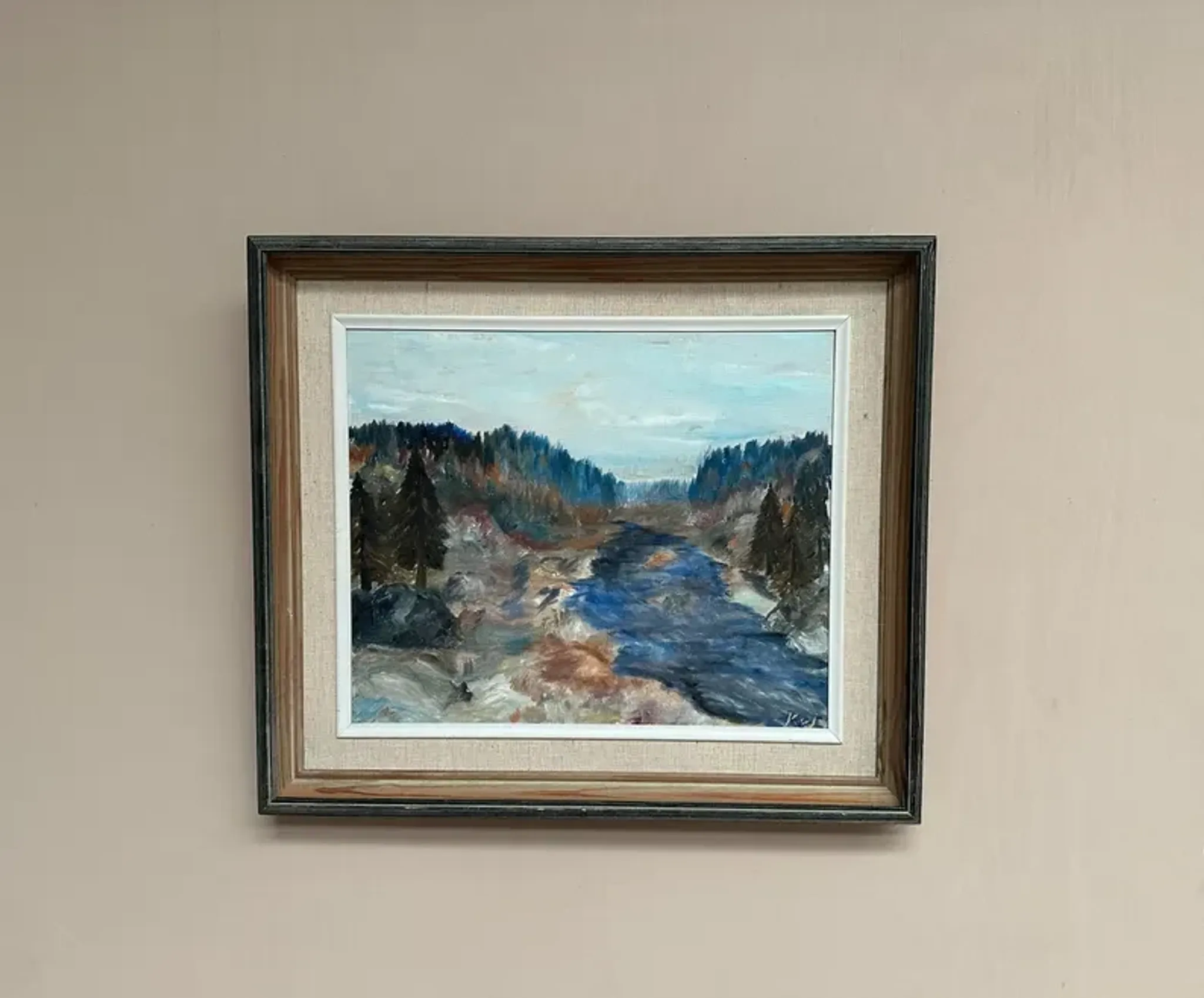 Original Swedish Oil on Canvas – “Landscape with River and Forest” by Kaj – Signed – Vintage & Framed – 60 × 52 cm (23.6" × 20.5")