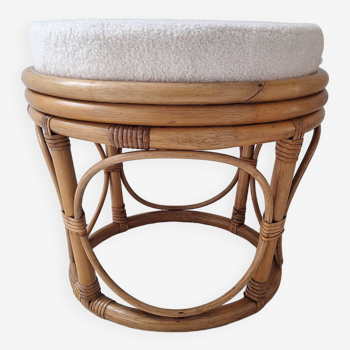 Rattan and bouclette fabric pouf