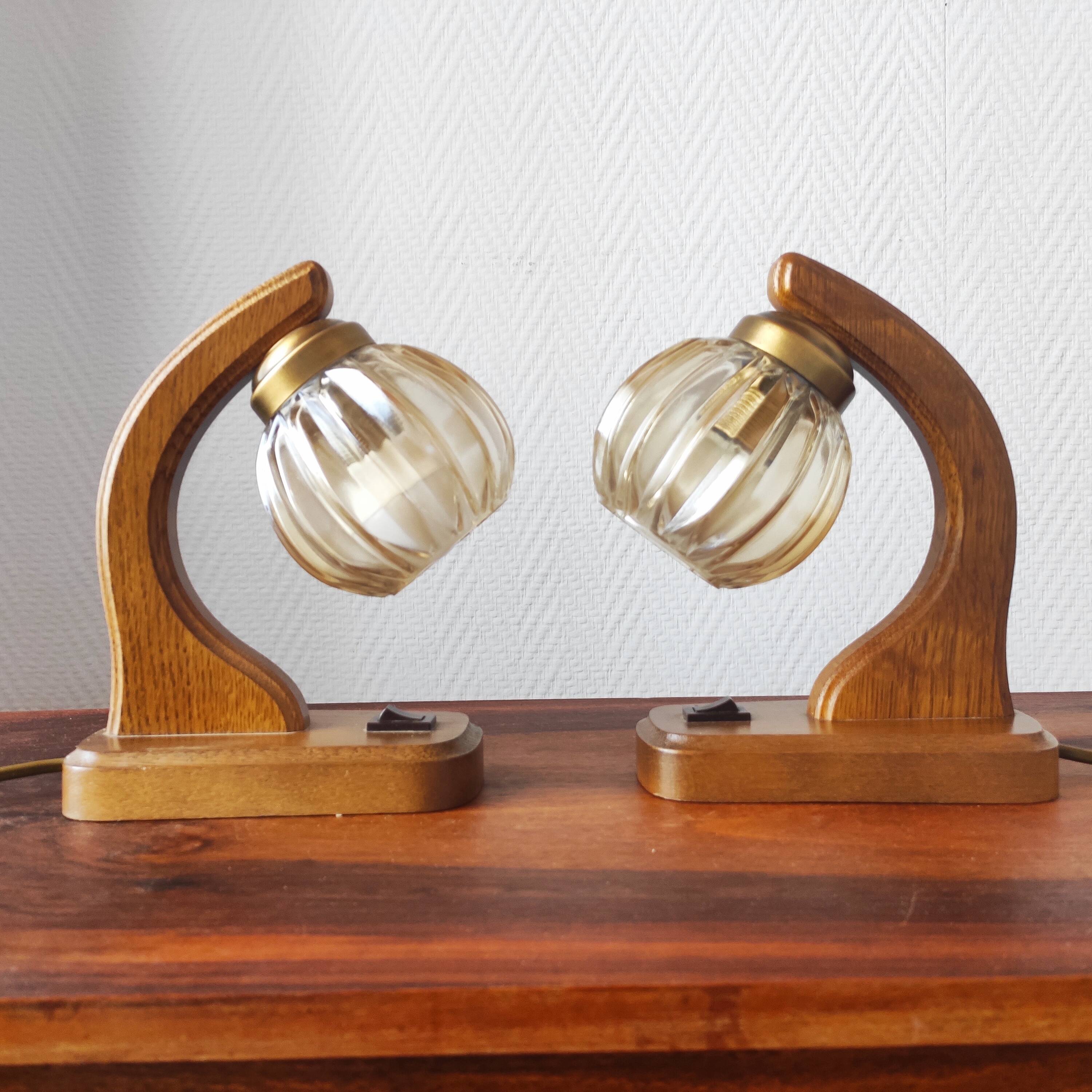 Pair of vintage 1970s mid-century Scandinavian lamps with amber globe.