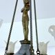 Large Art Deco sculptural chandelier in bronze and glass, 1930s