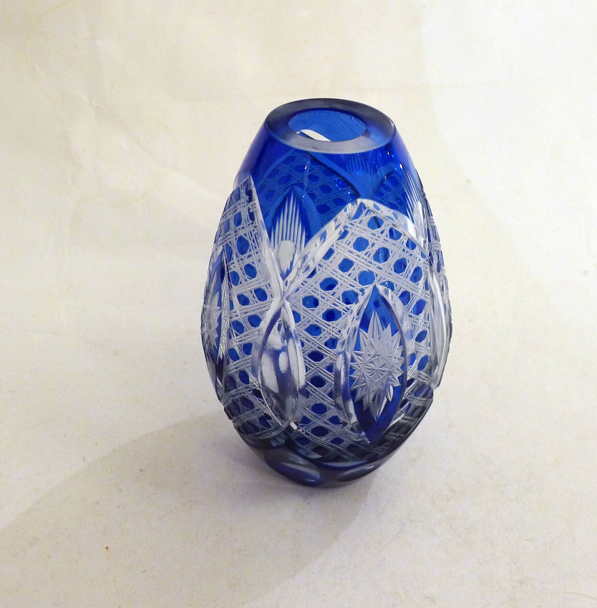 Small Bohemian crystal vase, cut with cobalt lining