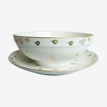 Salad bowl and vintage porcelain dish with golden leaf patterns