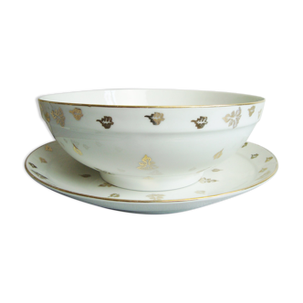 Salad bowl and vintage porcelain dish with golden leaf patterns