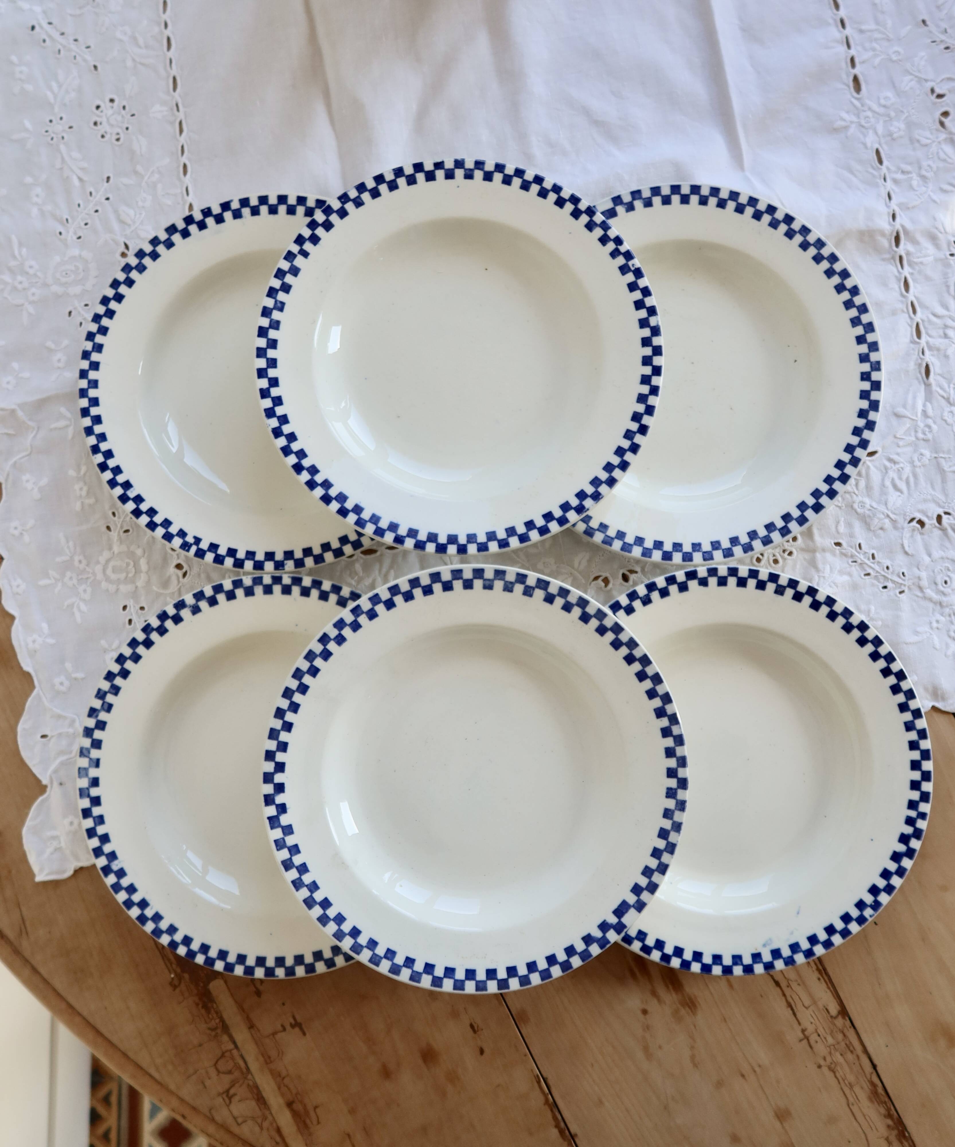 6 antique deep plates, ironstone Salins - Checkerboard model