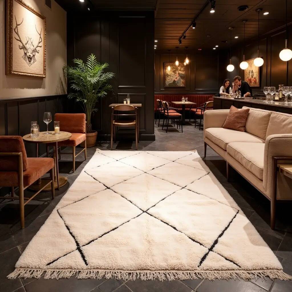 Tapis blanc Beni Ourain en laine 2.5X1.5m motif losange berbère tissé main