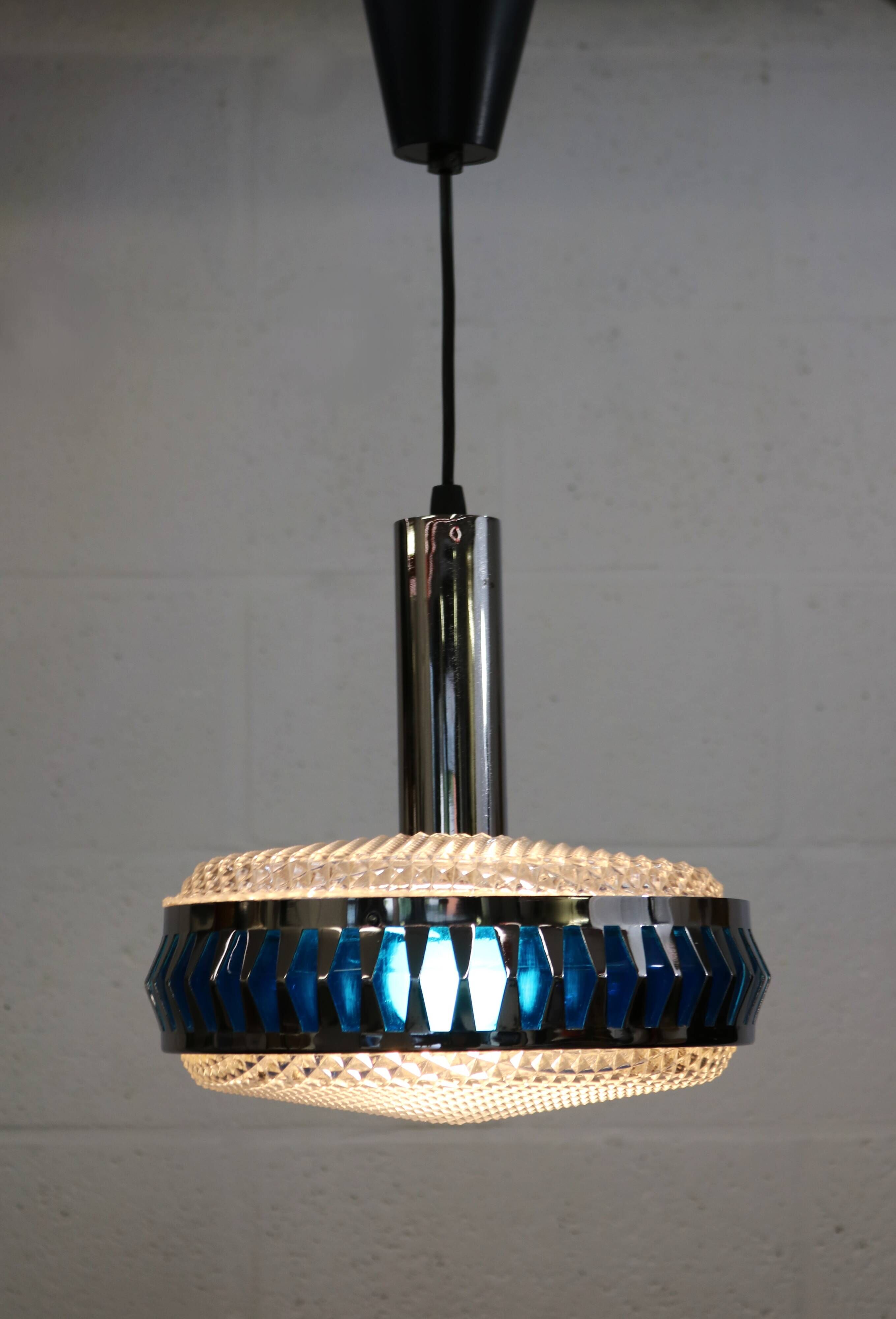 Vintage Chrome & Blue Pendant Lamp - 1970s Massive Belgium Lighting