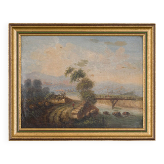 Oil on canvas Barbizon signed Red initial Vagabonds bridge late 19th century