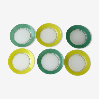 Lot 6 assiettes plates anciennes duralex couleur - 3 jaunes  et 3 vertes