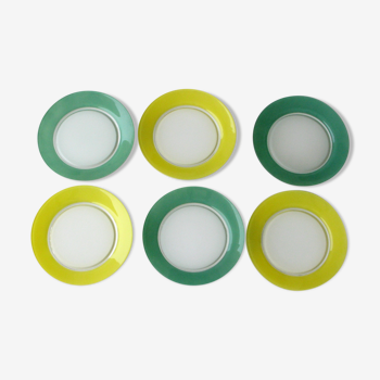 Lot 6 old flat plates duralex color - 3 yellow and 3 green