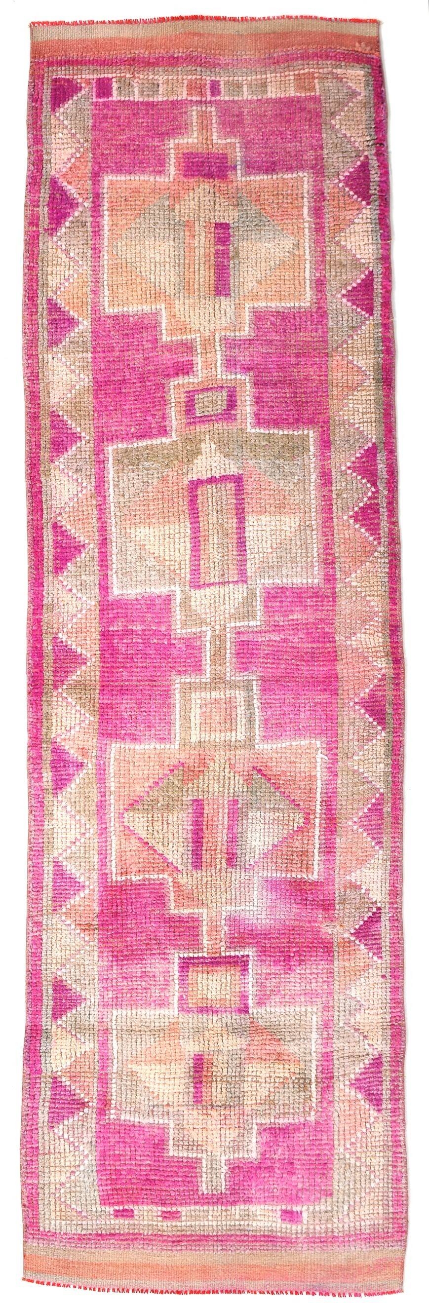 Faded Pink Geometric Style Vintage Runner Rug, Rug For Kitchen, 87x302