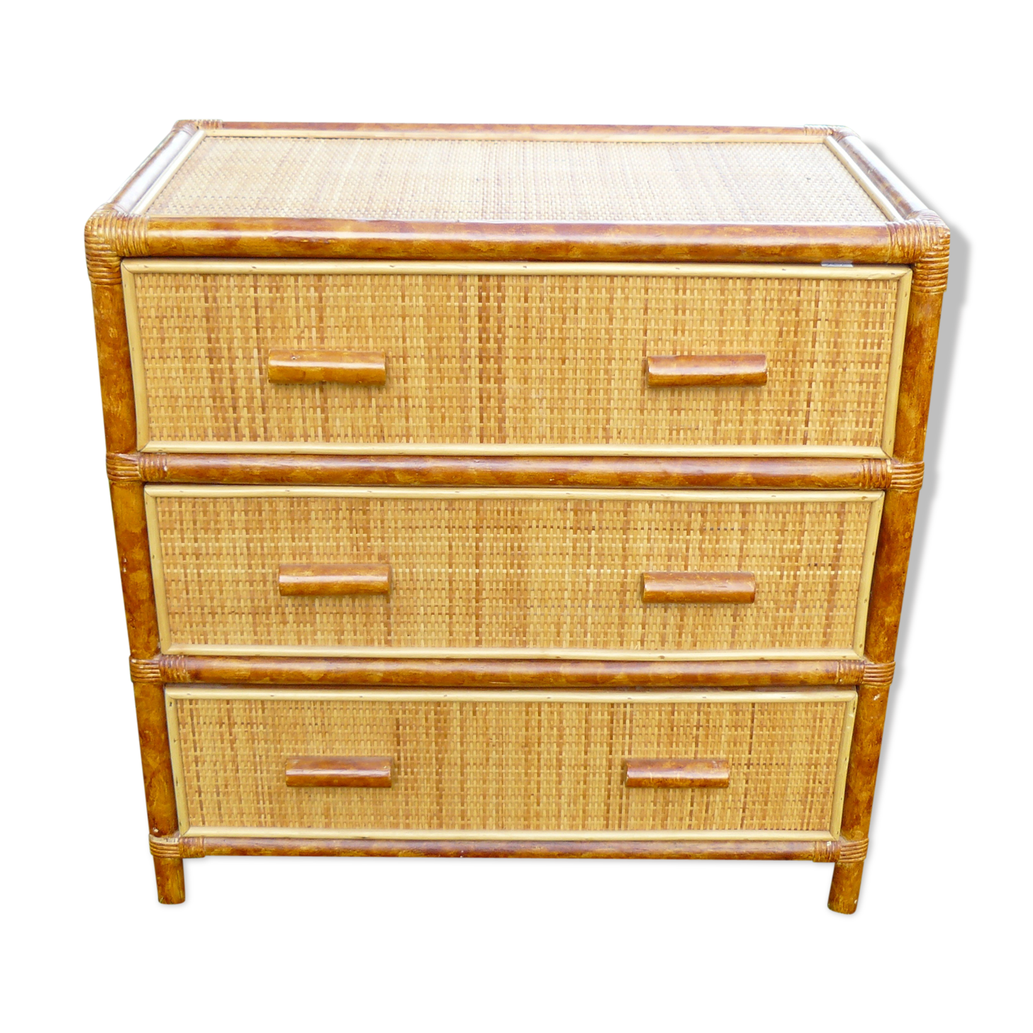 3-drawer chest vintage rattan and bamboo 1960-70