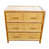 Commode 3 tiroirs rotin et bambou vintage 1960-70