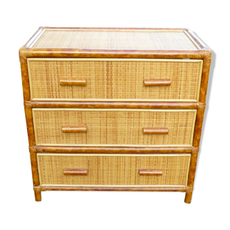 3-drawer chest vintage rattan and bamboo 1960-70