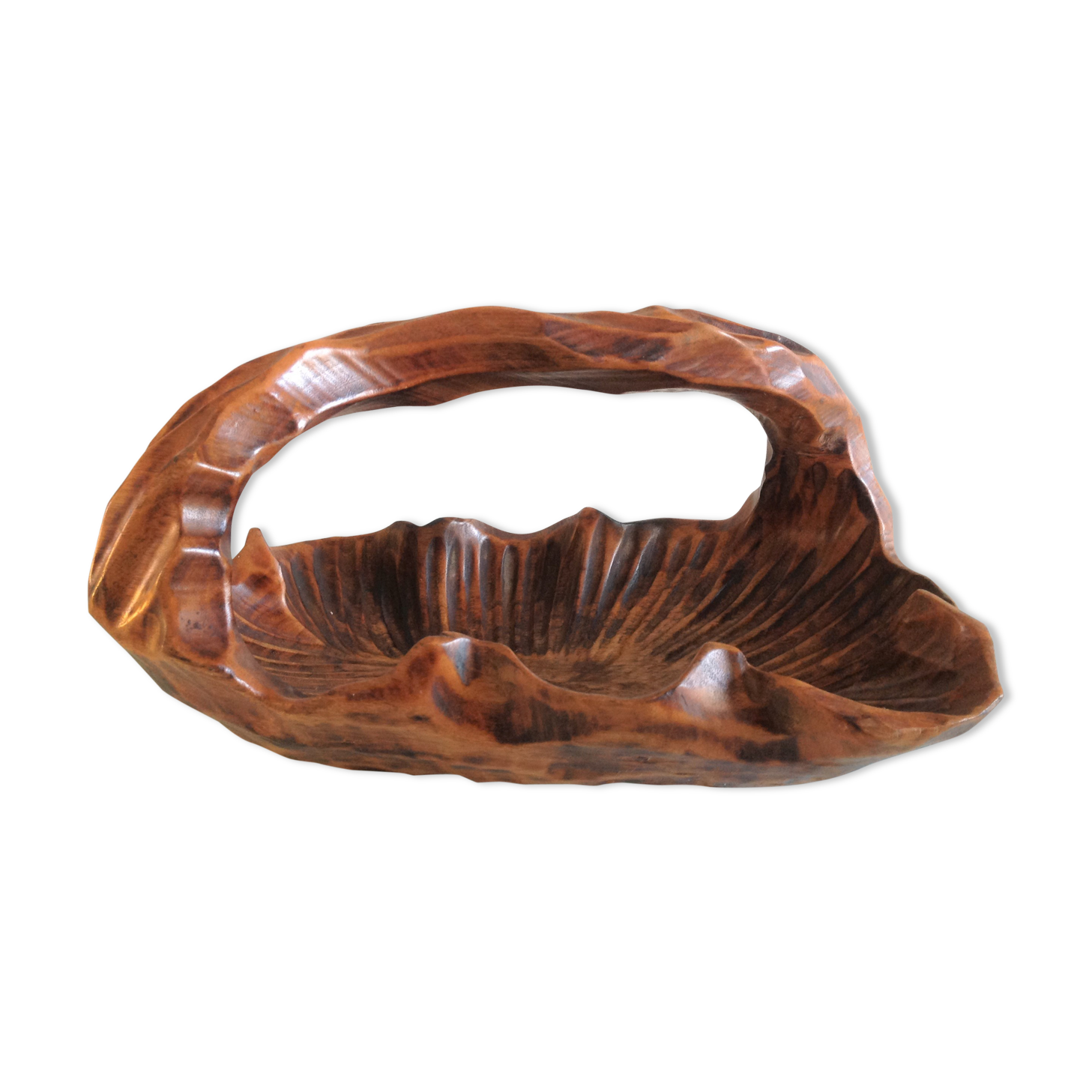 Brutalist carved wood fruit basket / vintage 60s-70s