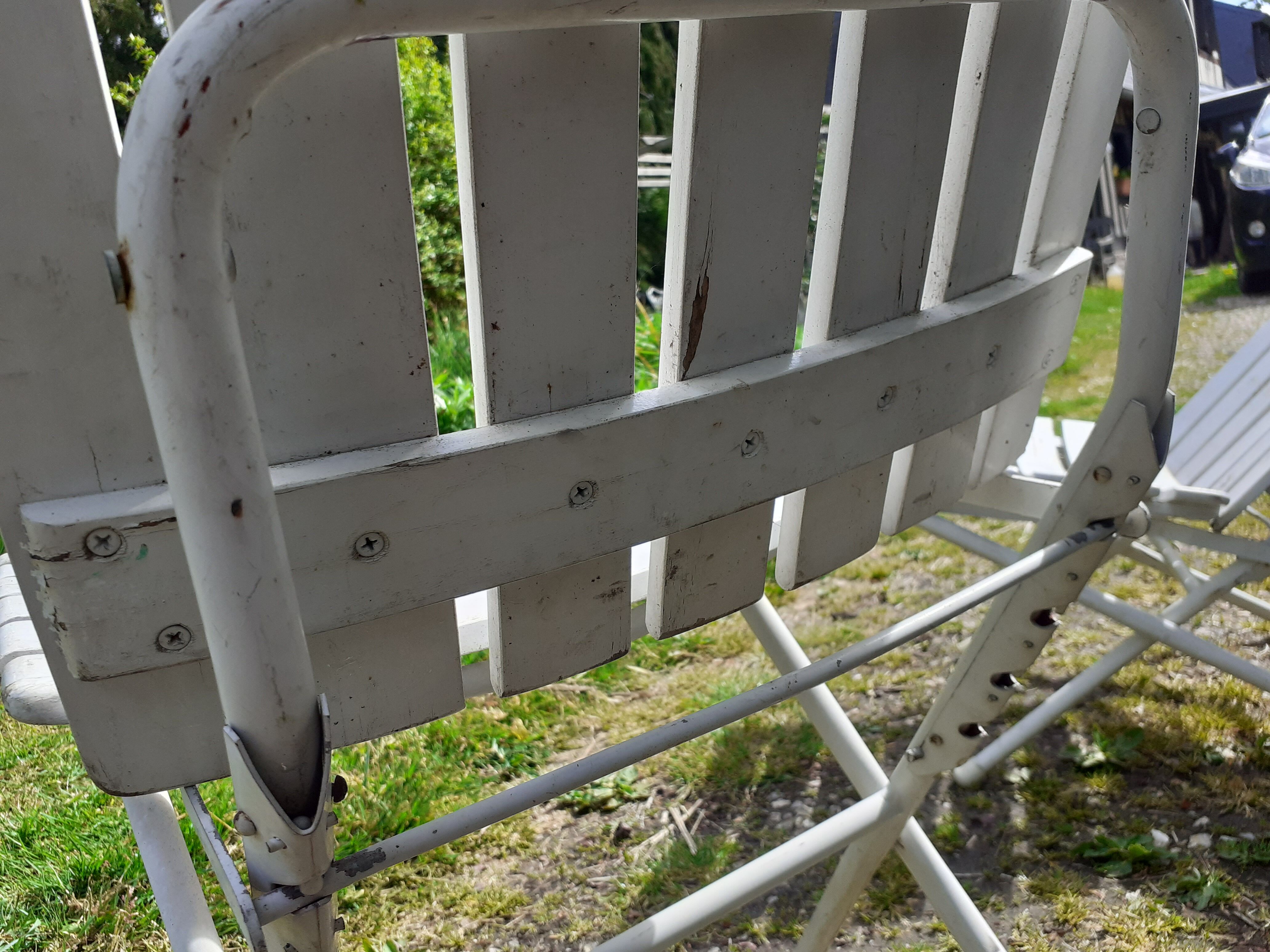 Pair of iron and old wood garden chairs
