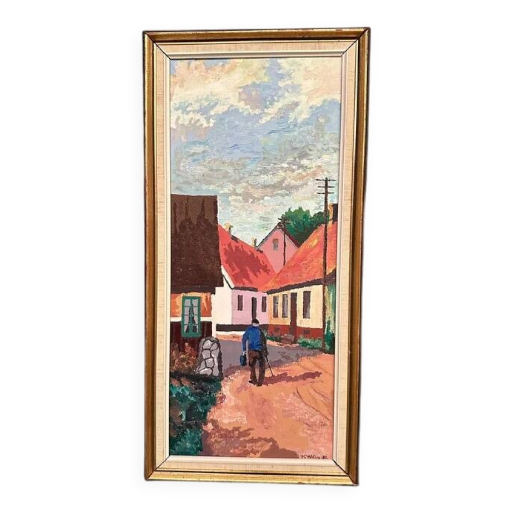 Oil on panel "Old Man in the Street" by M. Wallin vintage & framed 27x54cm