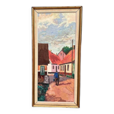 Oil on panel "Old Man in the Street" by M. Wallin vintage & framed 27x54cm