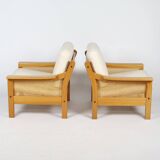 Pair of 70s cane and pine armchairs