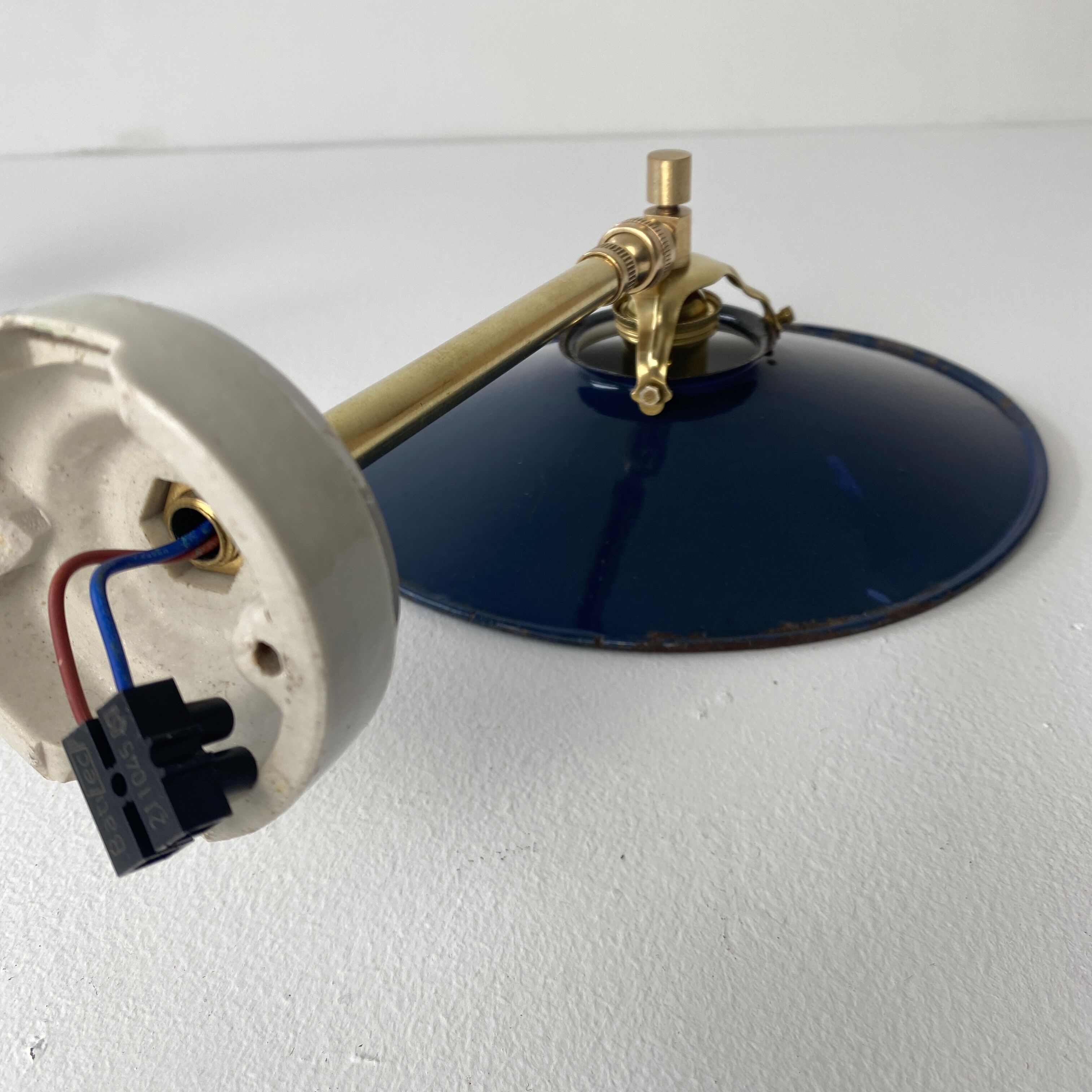 Pair of old vintage blue enamelled wall lamps