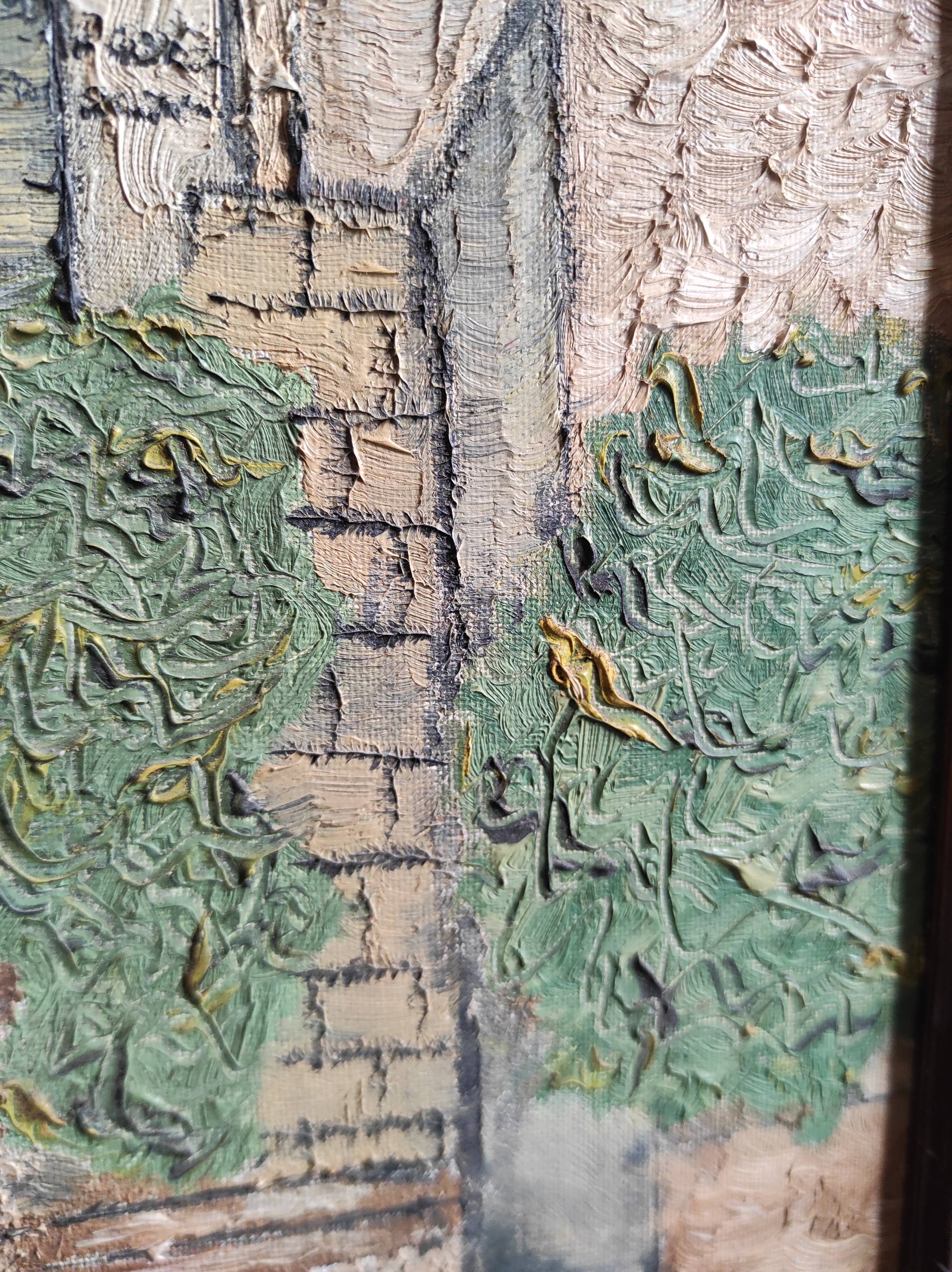 Vintage French oil painting, signed B, Roquefort de Landes church