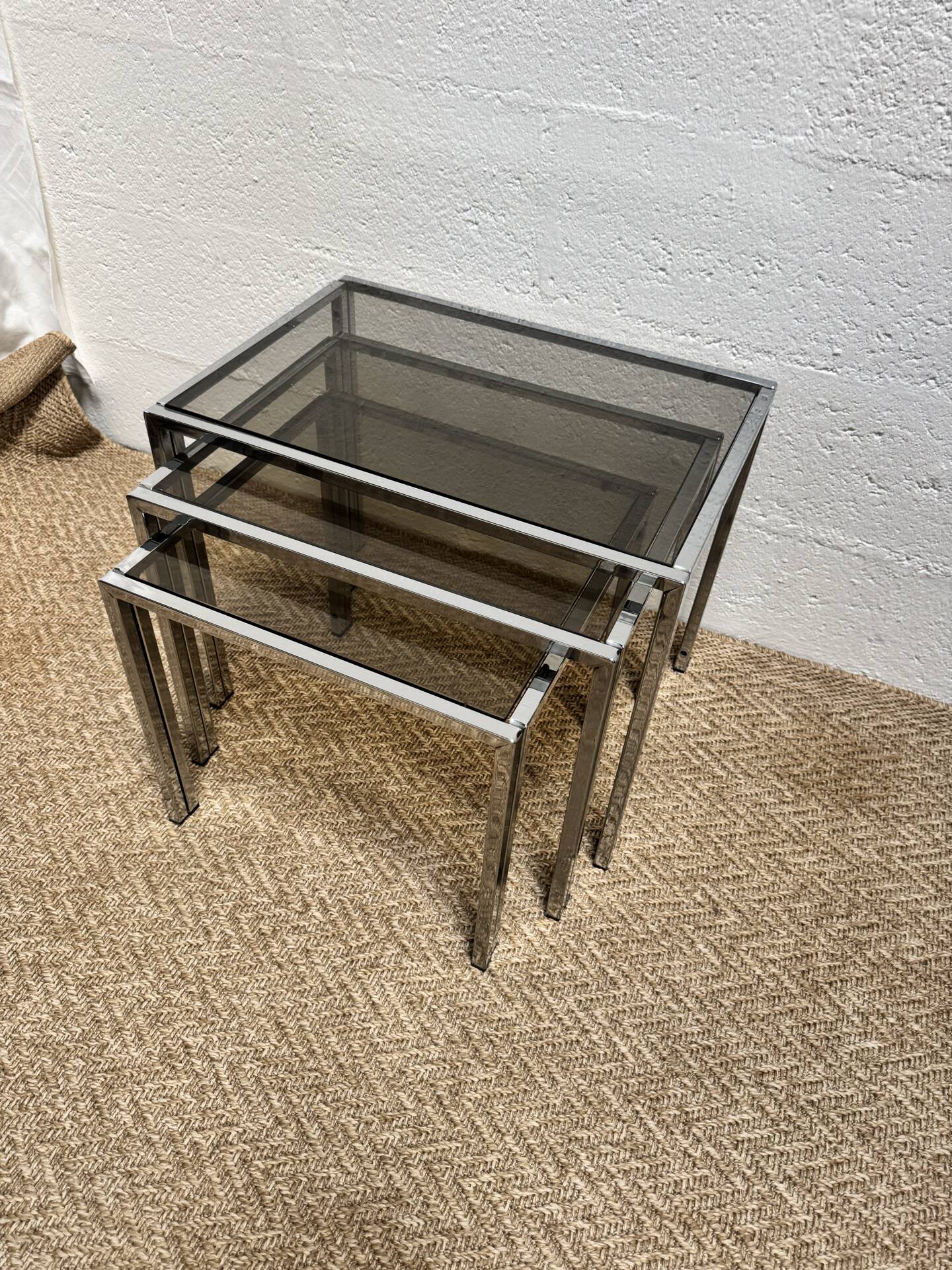 Set of 3 vintage nesting tables – Chrome metal & smoked glass