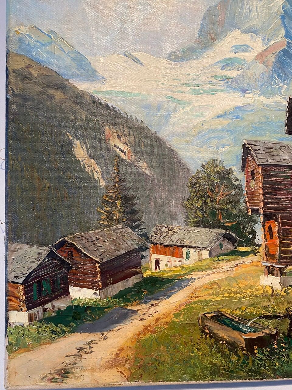 Old painting, Swiss mountain landscape signed H Herzer, mid-XX century