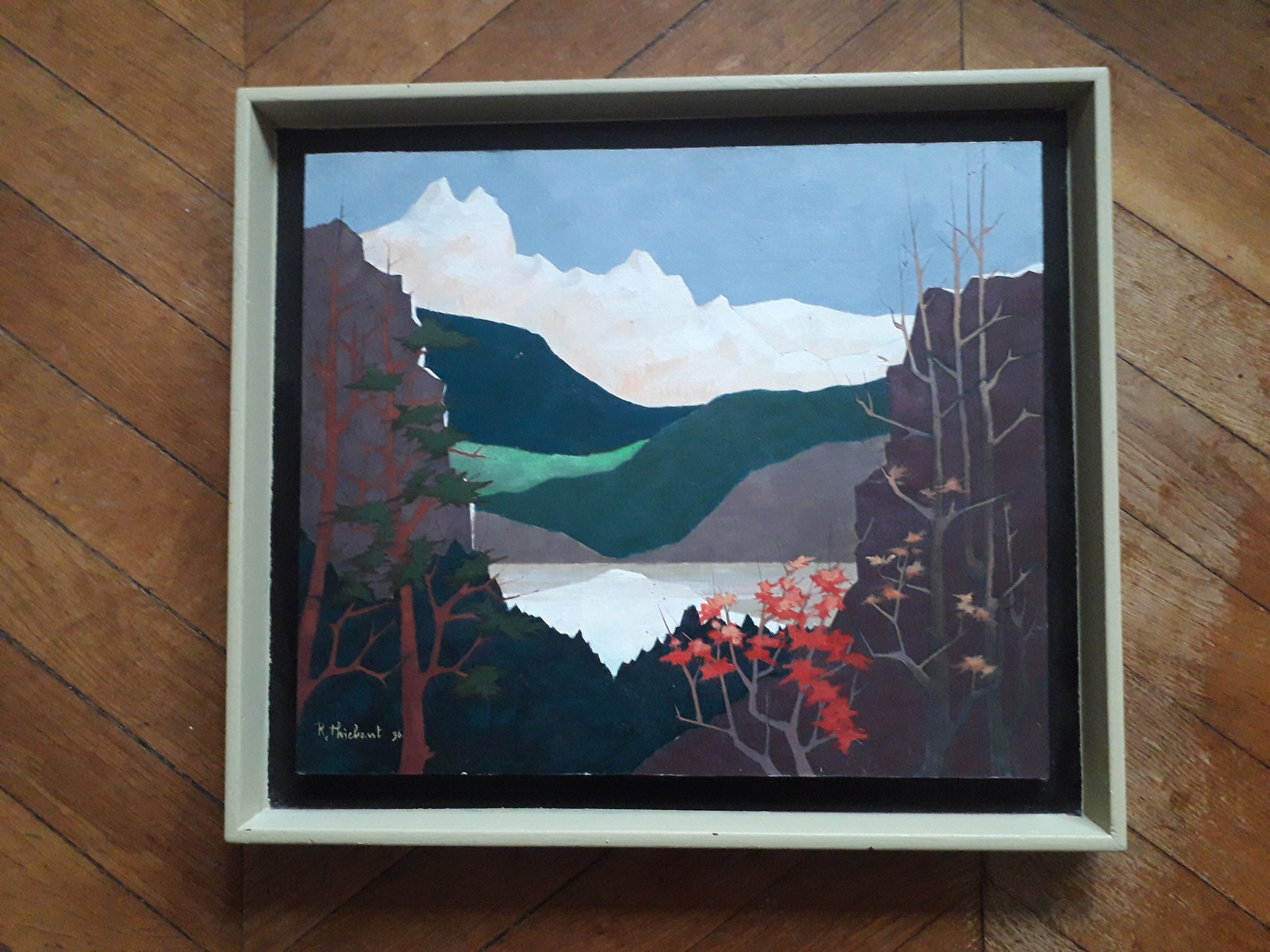 Old painting signed depicting a landscape of mountains