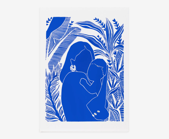 Original linocut, Woman with child