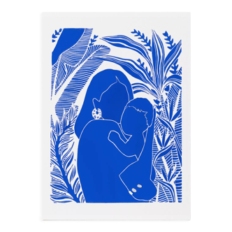 Original linocut, Woman with child