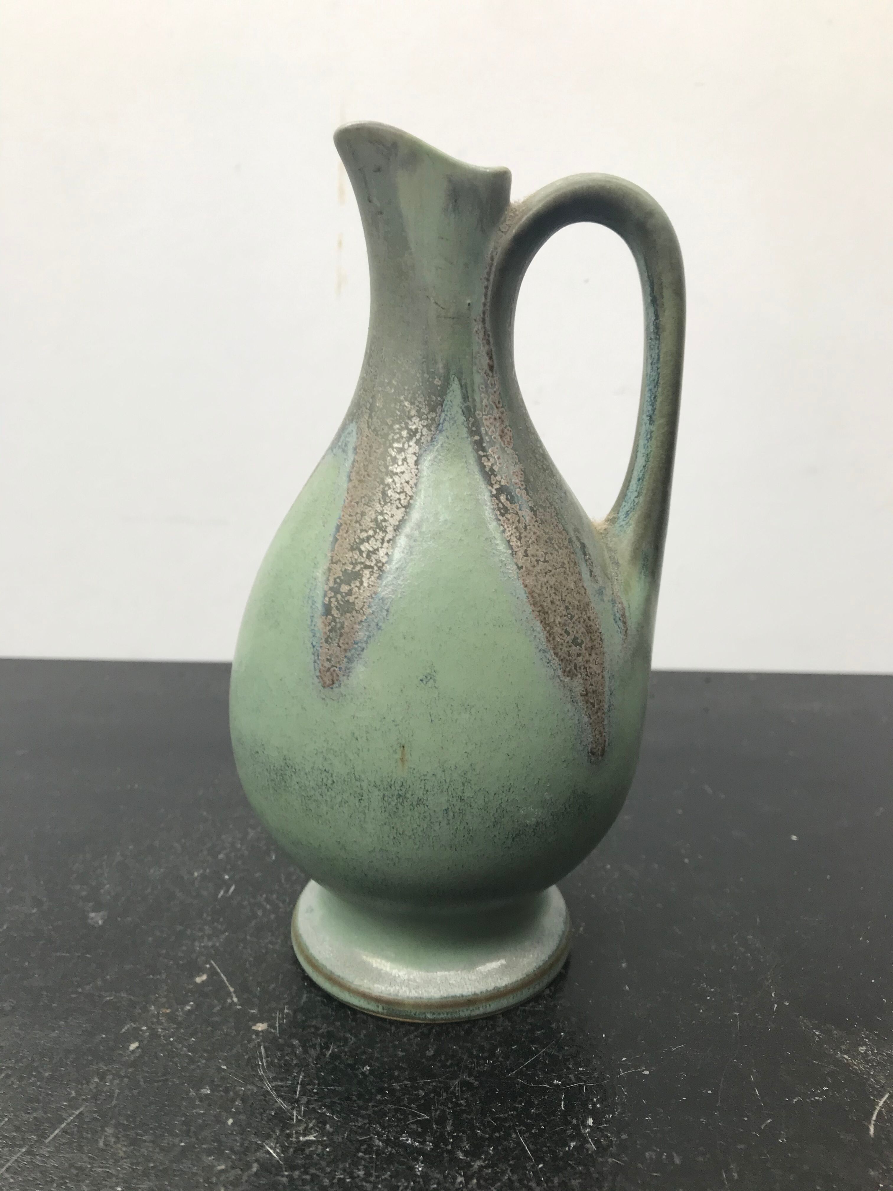 Former Green Ceramic Pitcher Signed 70s Vintage