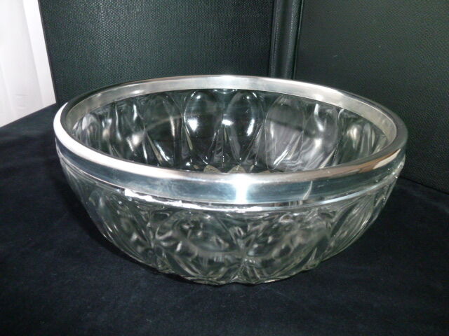 Salad bowl or fruit cup made of molded pressed glass and silver metal