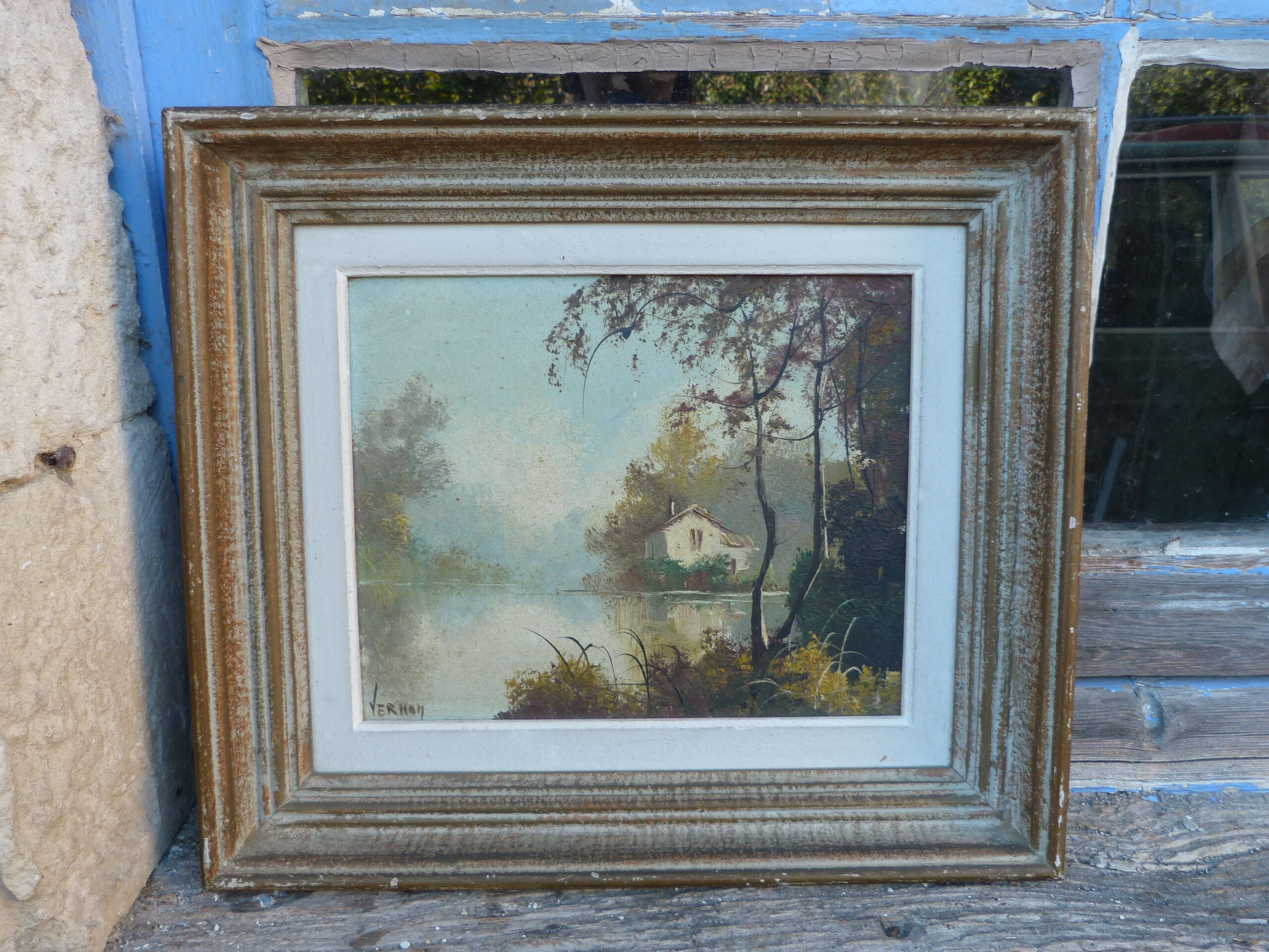 Old landscape painting signed vernon framed