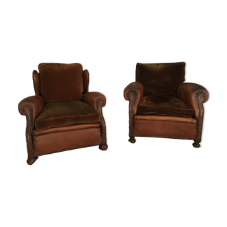Pair of leather and velvet club armchairs circa 1950