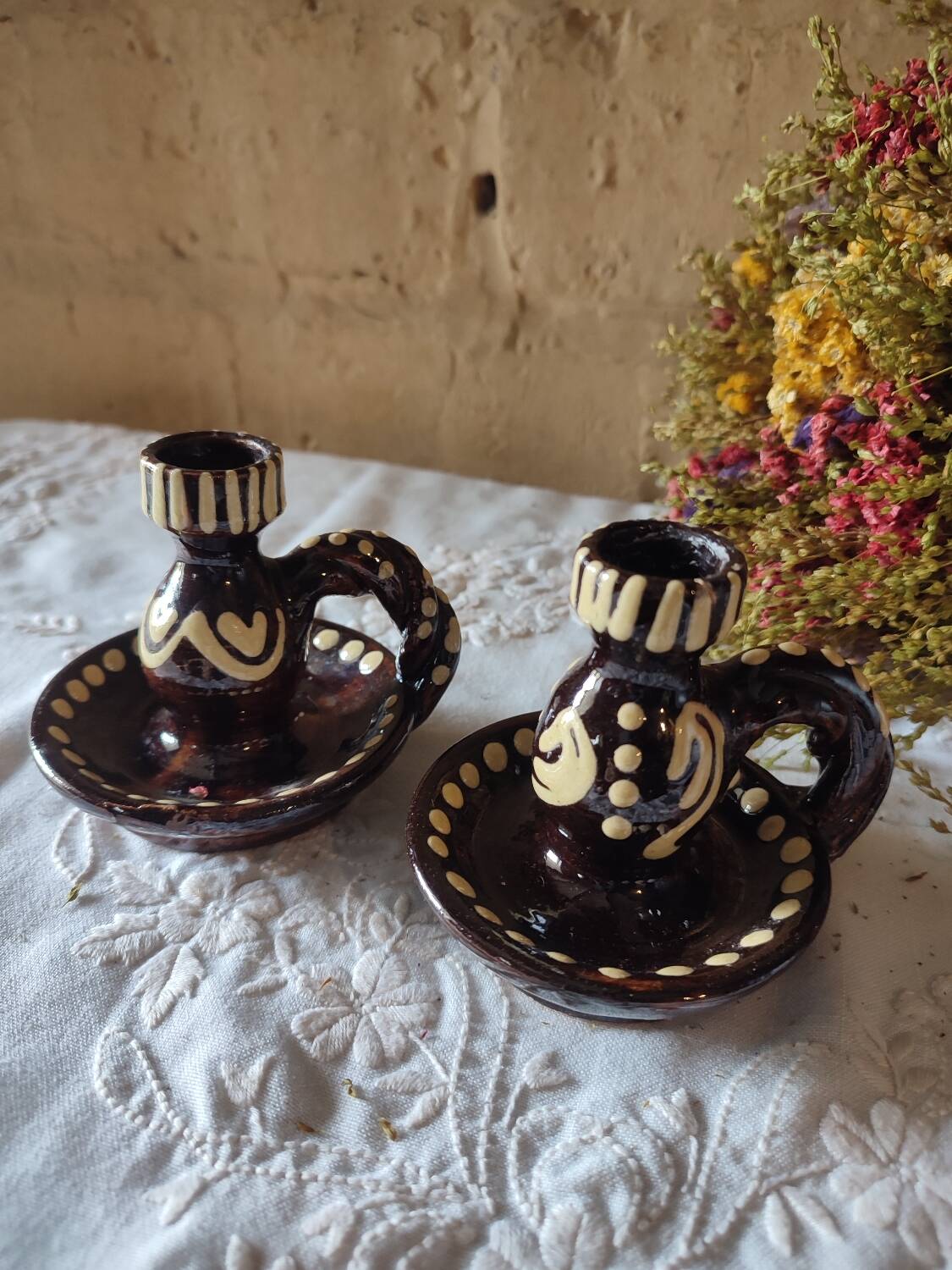 Duo of vintage ceramic candlesticks from Alsace, Obernai