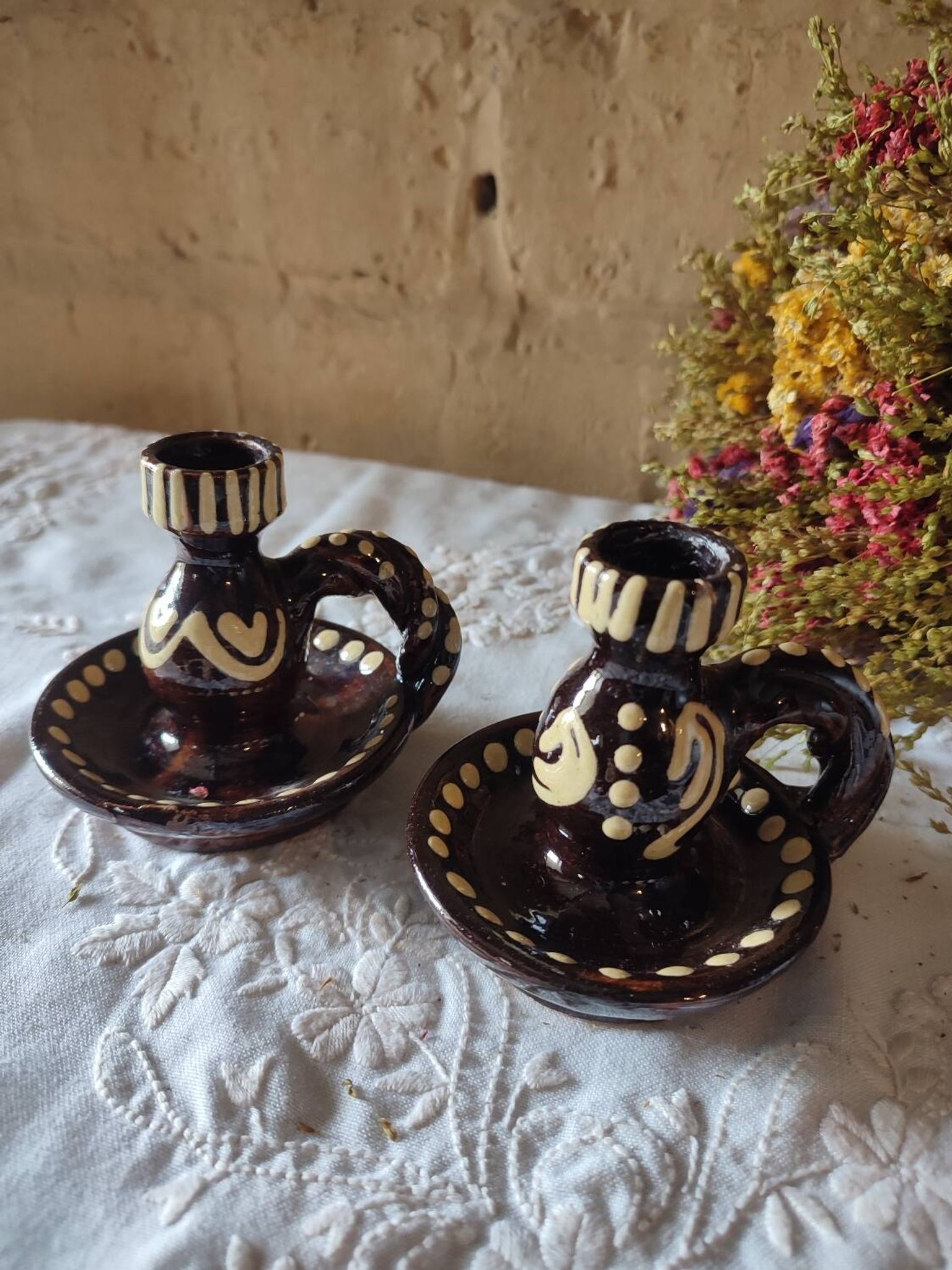 Duo de bougeoirs vintage céramique d’Alsace, Obernai