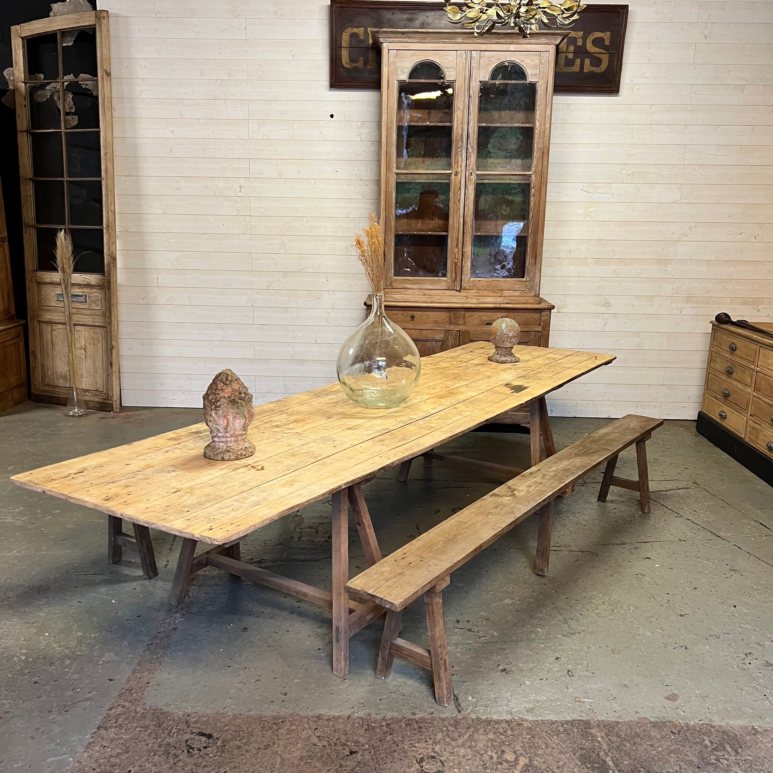 Pine guinguette table with trestles and oak bench