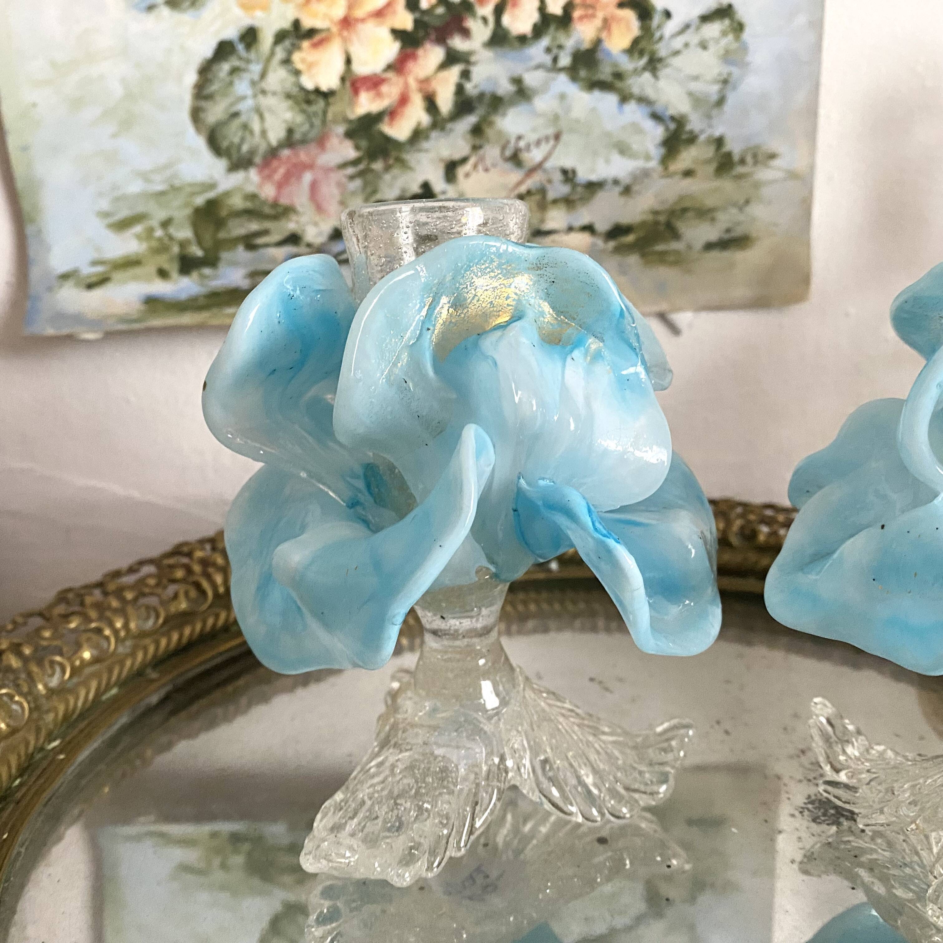 Pair of Murano glass candlesticks, iris flowers, 1960s