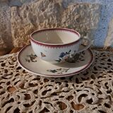 Lunch or chocolate cup with its earthenware saucer from Sarreguemines 1928 cornucopia