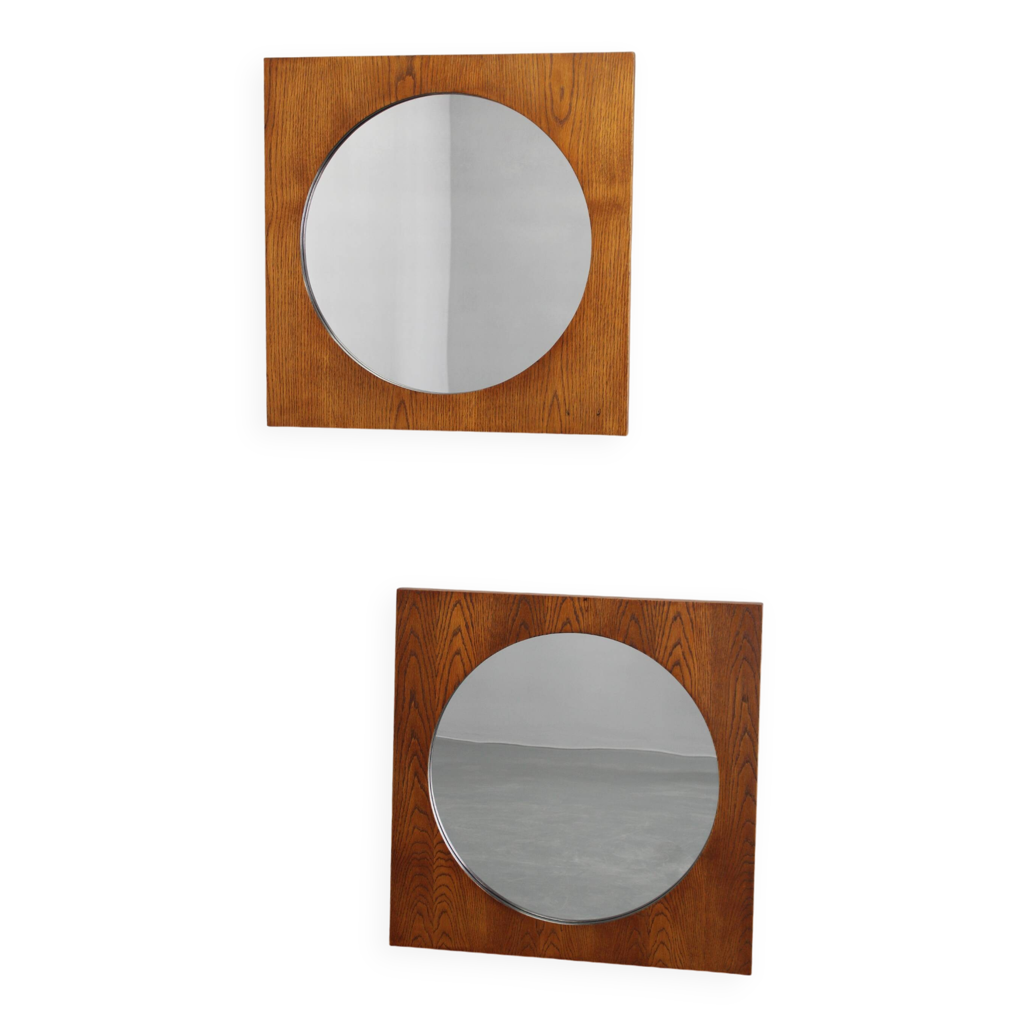 1970s Pair of Oak Large Square Mirrors, Czechoslovakia