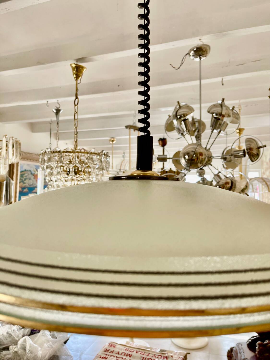 Glass and brass pendant light in the style of Pietro Chiesa, Italy 1970s