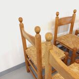Suite of 6 vintage brutalist chairs in solid oak wood and straw from the 60s