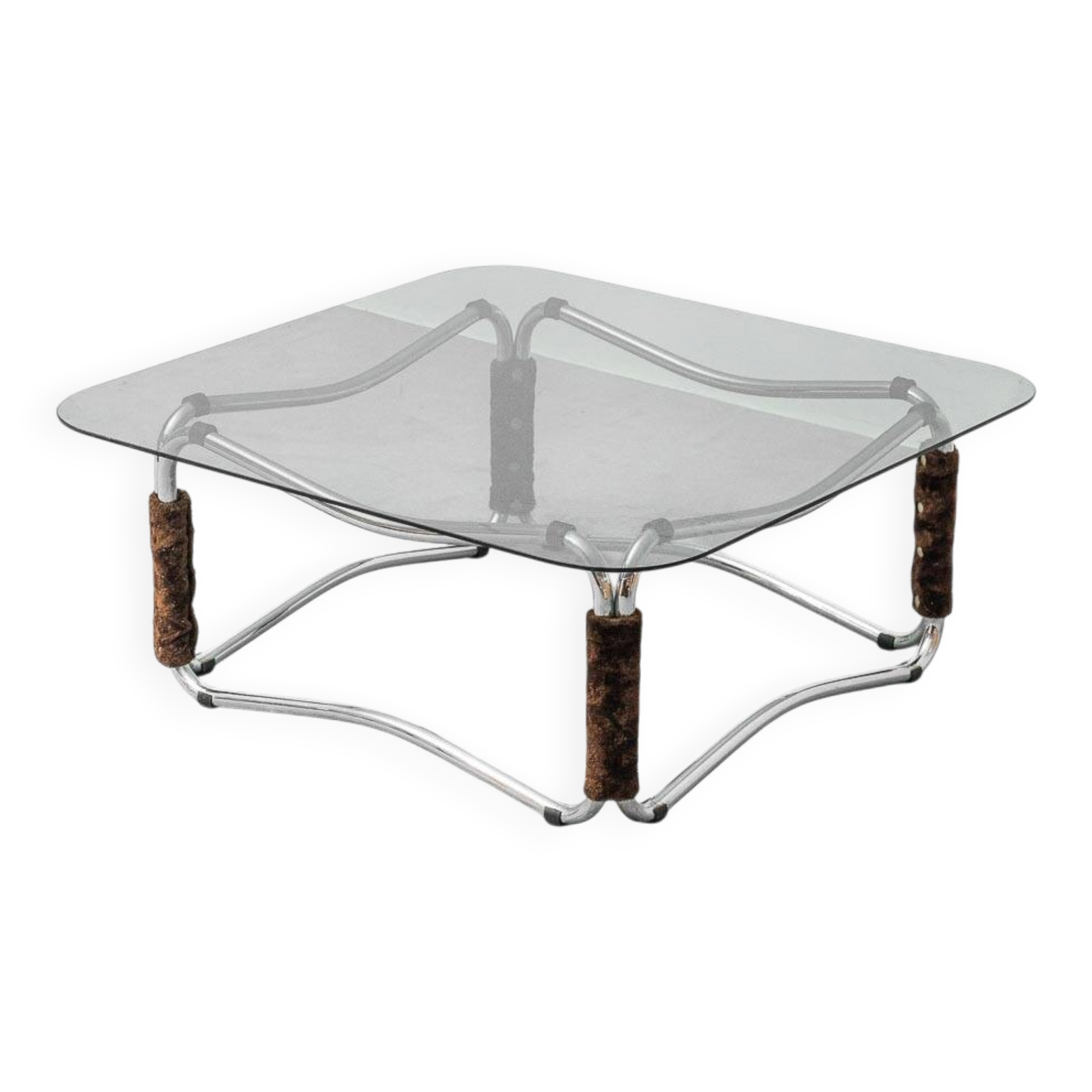 Table basse moderniste en verre fumé et acier chromé, années 1970