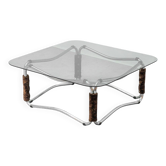 Table basse moderniste en verre fumé et acier chromé, années 1970