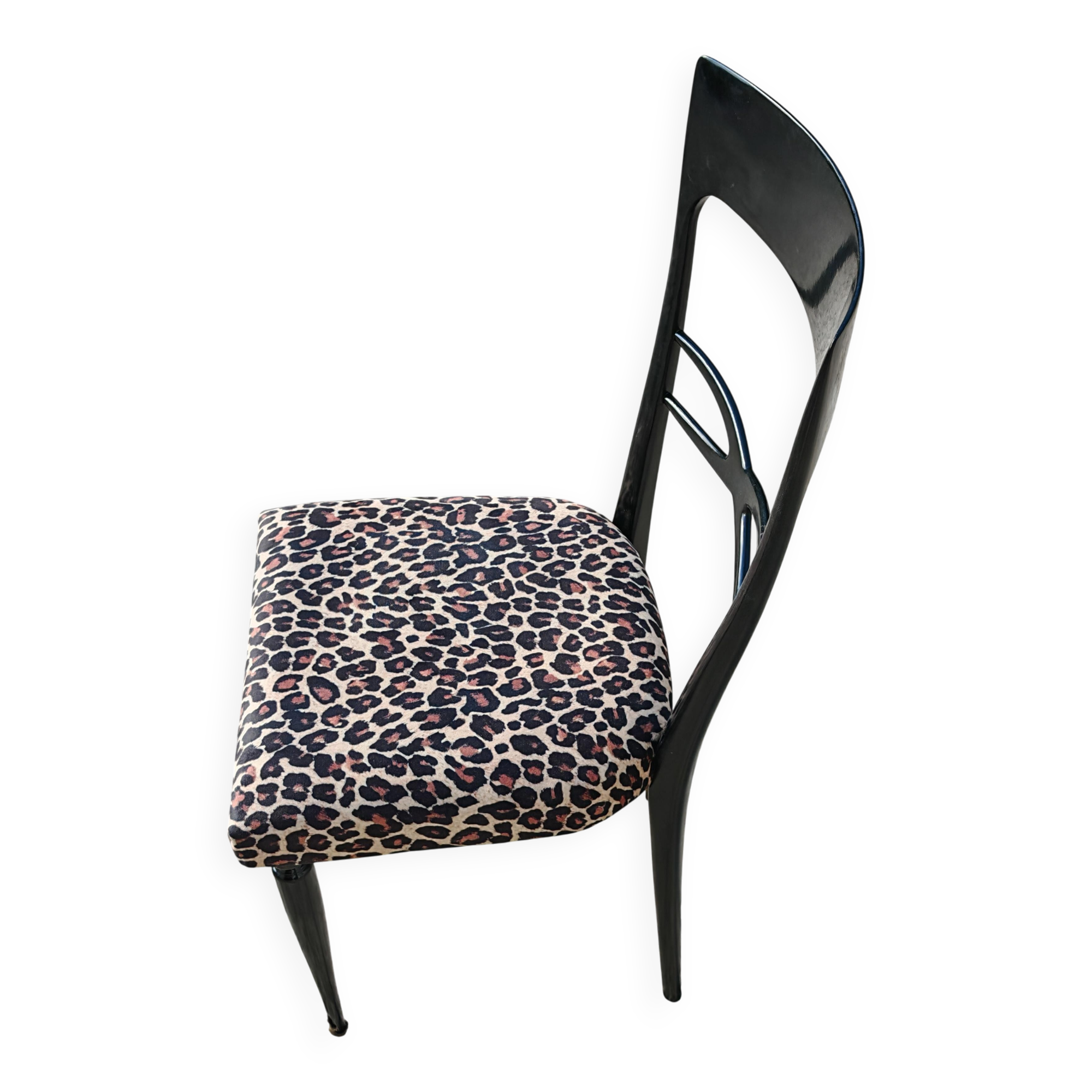 Set de 6 chaises salle à manger Mid Century laque noire peluche imprimé léopard