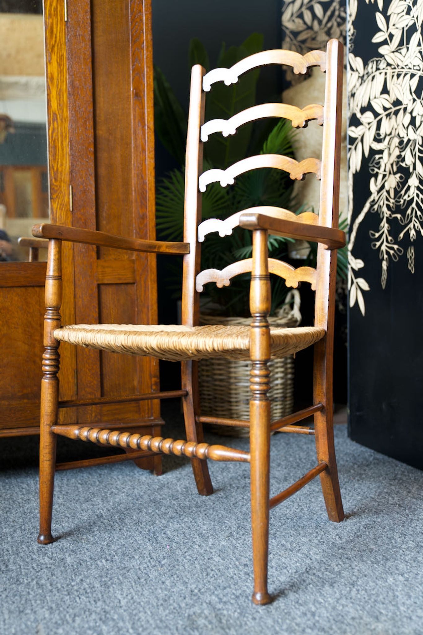 Arts & crafts solid oak ladder back occasional chair with rush seat