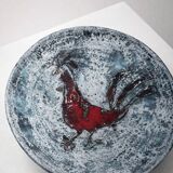 Large hollow ceramic dish signed Oliva – relief rooster decoration –