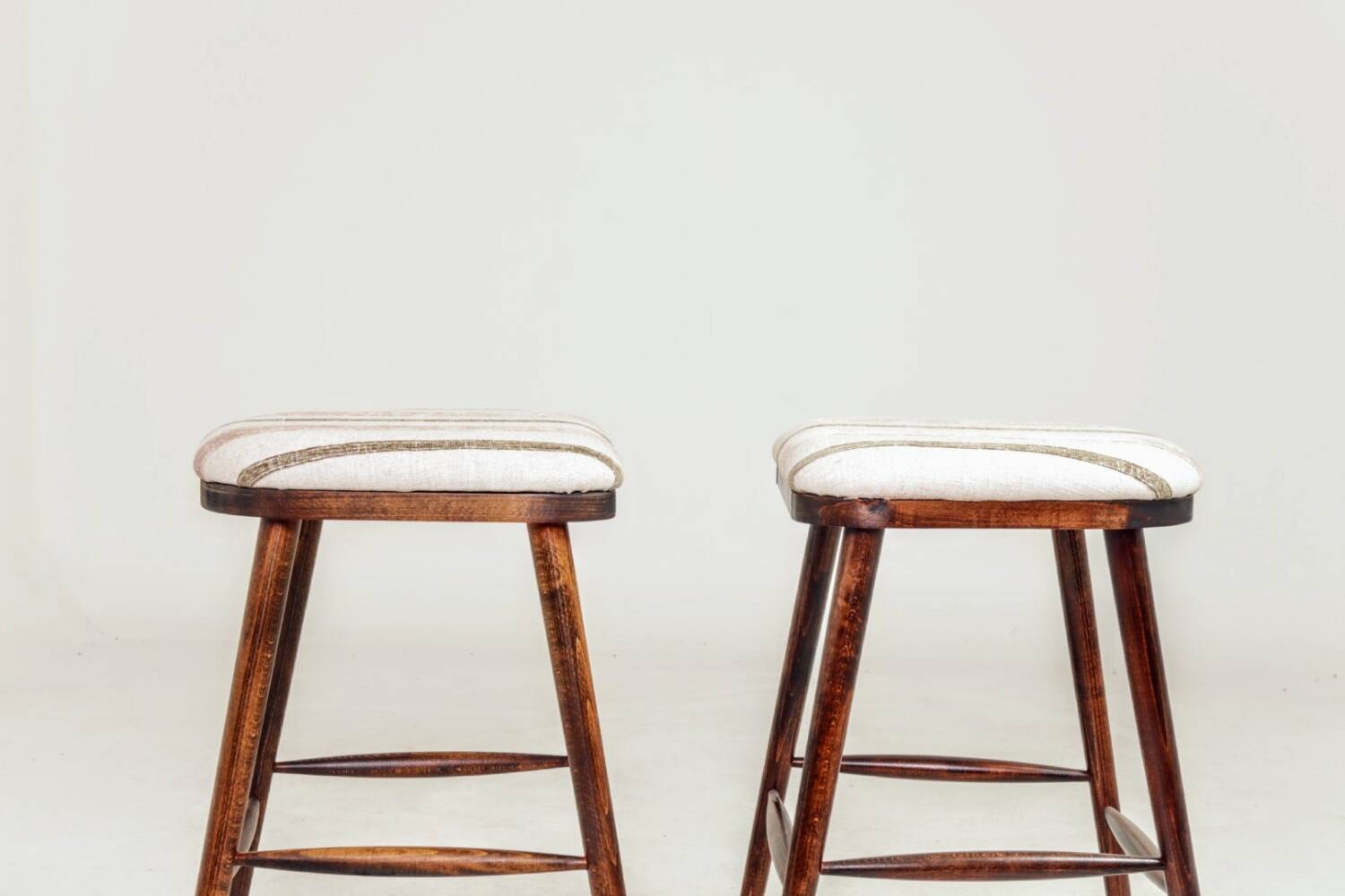 Pair of natural linen striped rustic bar stools