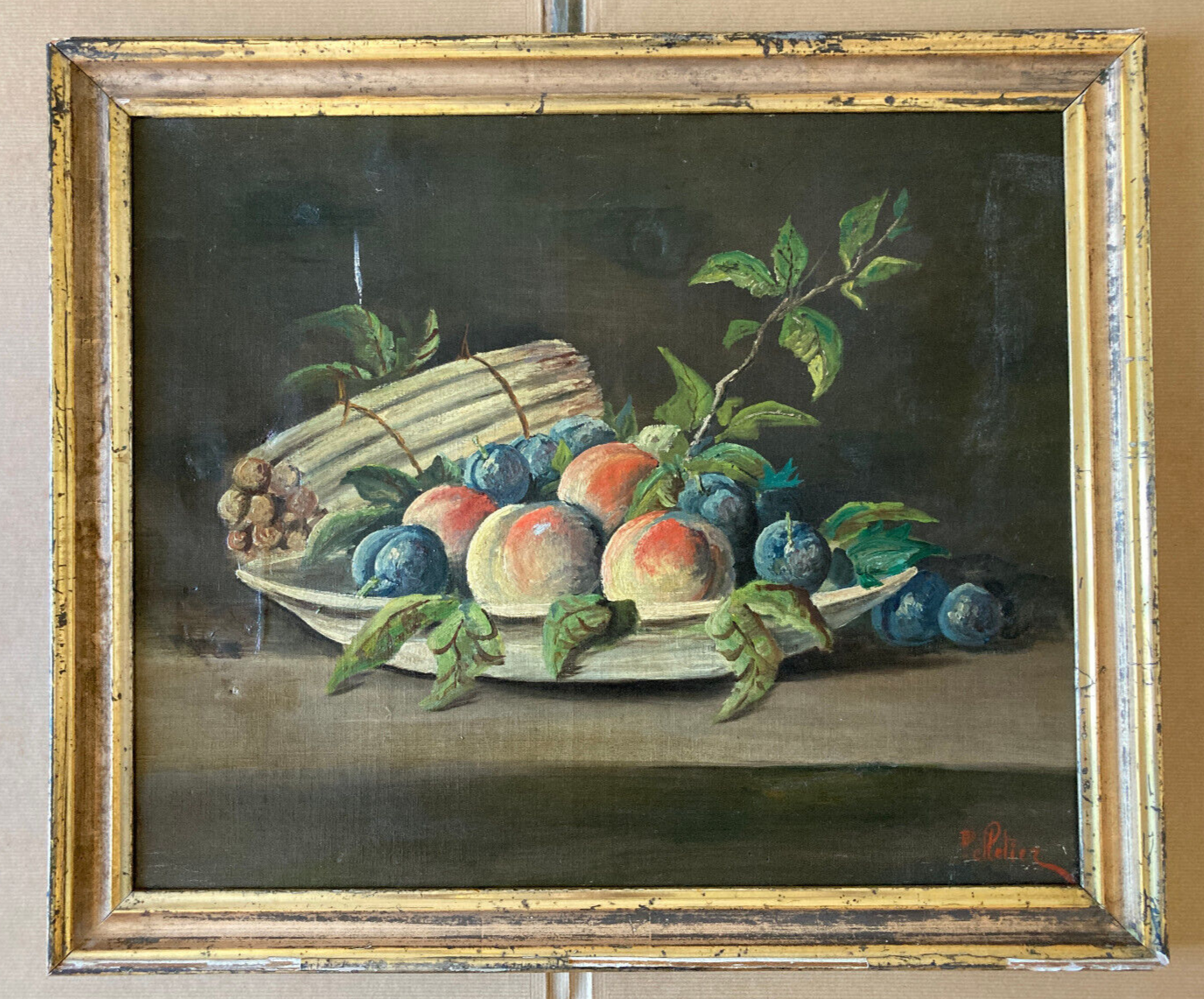 Old painting - dead natrue: fruit platter and asparagus - nineteenth - golden frame