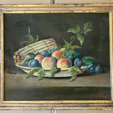 Old painting - dead natrue: fruit platter and asparagus - nineteenth - golden frame